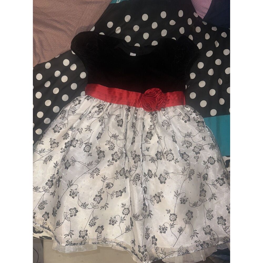 Bonnie Jean Holiday Dress Black Velvet Bodice White Floral Skirt Toddler Size 3T